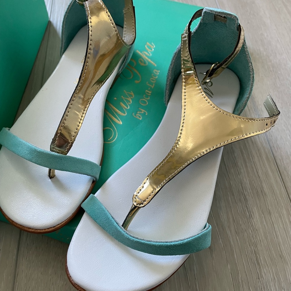 Gold and Teal Girls Leather Sandals sz 34
